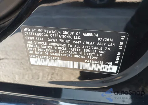 2015 Volkswagen Passat 2.0L Tdi Sel Premium из США, поврежденный, VIN 1VWCV7A32FC118281